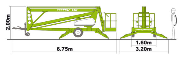 Размеры коленчатого прицепного подъёмника Nifty 140